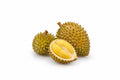 Durian Monthong – owoce całe i przekrojony owoc na białym tle