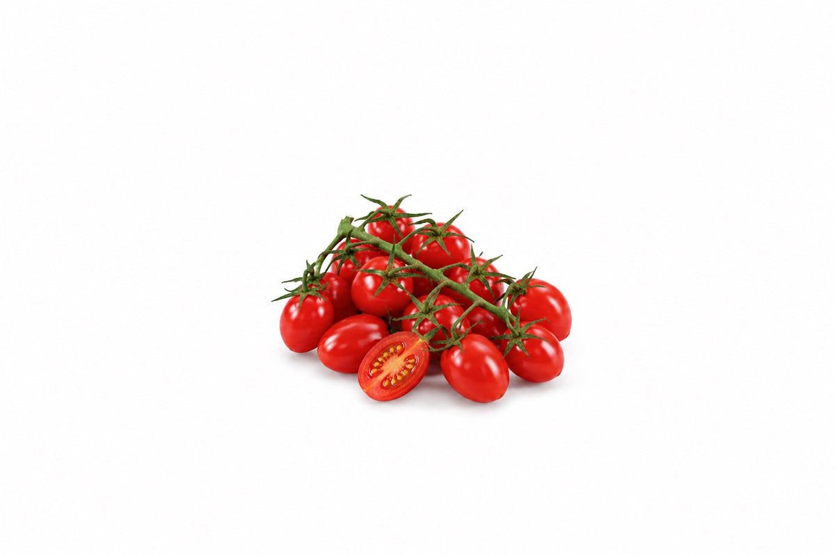 Pomidorki Cherry Rama na gałązce – czerwone pomidorki z Hiszpanii na białym tle